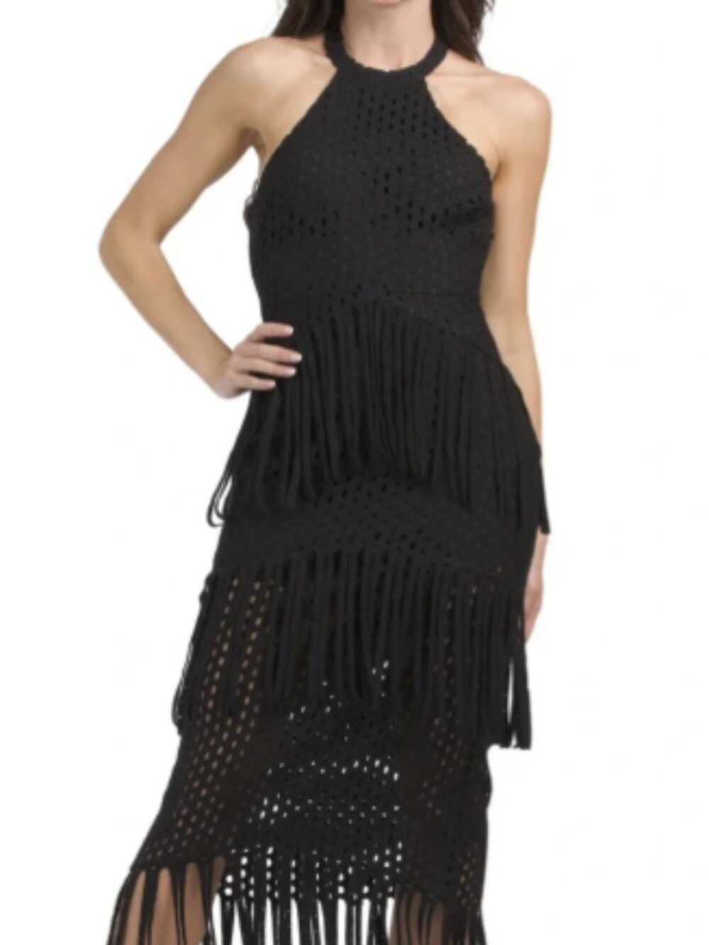 NWT BCBGMAXAZRIA Black Crochet Fringe Halter Maxi Dress 6 $398
